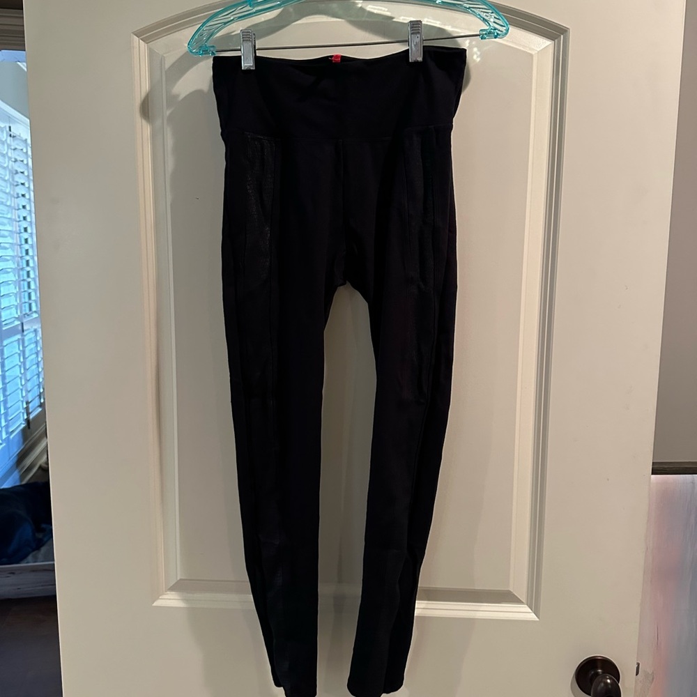 Spanx Black Athletic Leggings Faux Leather Strips on sides